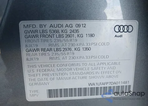 2013 Audi Q5 2.0T Premium from USA, damaged, VIN WA1LFAFP7DA011481